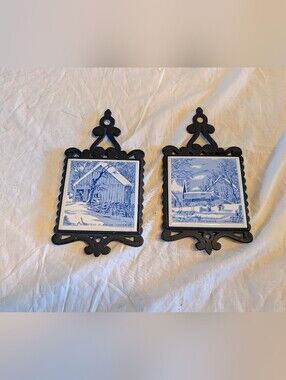 2/60$ Vintage cast iron trivrt with Blue and White Delft-Style Tiles